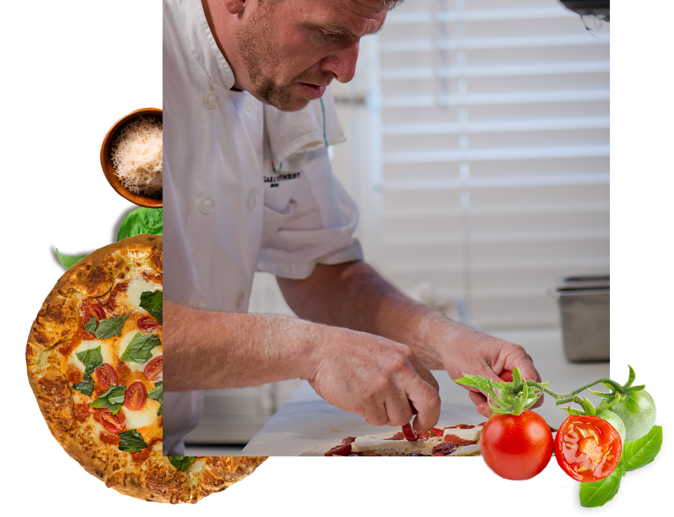Chef prepping a pizza with pizza ingredients on the side